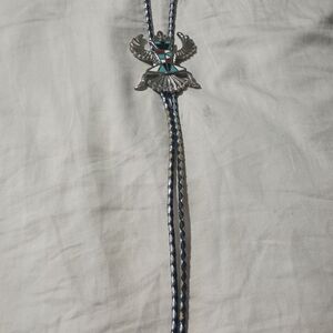 Sterling Silver Turquoise Inlay Thunderbird Bolo Tie - Blue & Silver